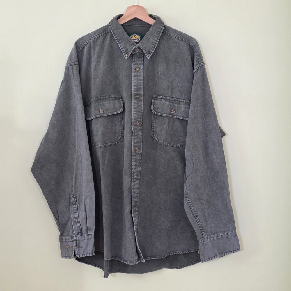 Cabela's Shirt Men XLT Military Green Denim LS Buttons Pockets Cotton Outdoors